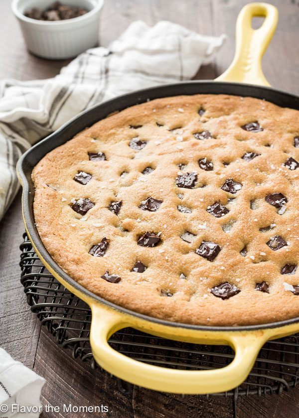 Chocolate chip skillet cookie on wire rack