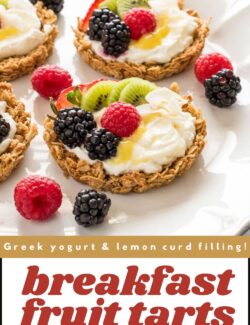 Breakfast fruit tarts with yogurt and granola crust short pin.
