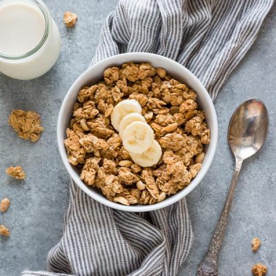 Perfect Peanut Butter Granola is a healthier granola with no refined sugar, minimal oil and big peanut butter flavor. It's naturally vegan and gluten-free!