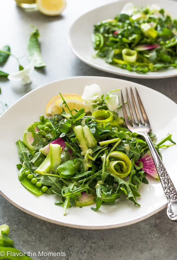 Spring arugula salad on white plate with fork