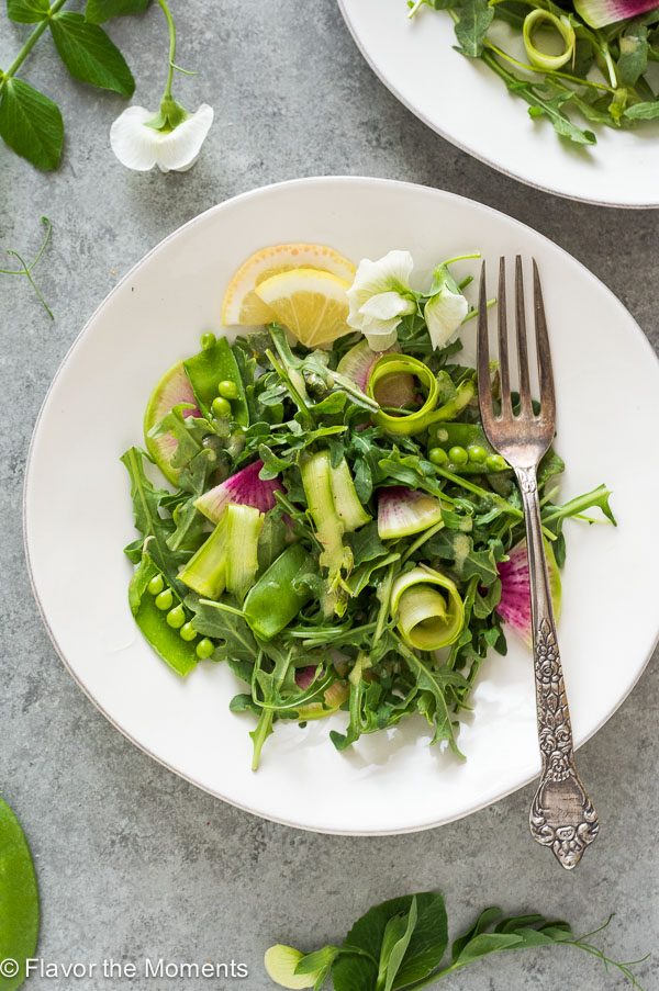 spring arugula salad on a white plate with fork