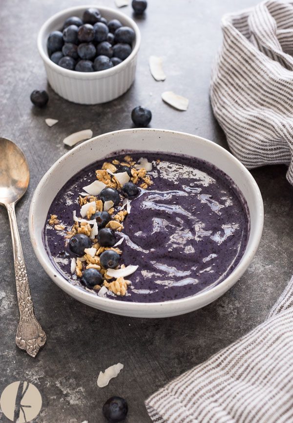 front view blueberry banana smoothie bowl angled view