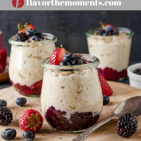 Chia Jam Overnight Oats are creamy overnight oats with sweet chia seed jam mixed right in.  They're a great meal prep breakfast! {GF, DF, V} #overnight #oats #breakfast #chia #jam #healthy #mealprep #recipe #glutenfree #dairyfree #vegan #plantbased #cleaneating