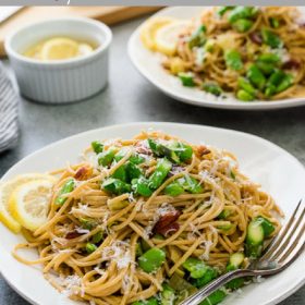 Spring Spaghetti Carbonara with Bacon is classic carbonara with whole wheat spaghetti, spring vegetables and bacon. It's the ultimate spring pasta!