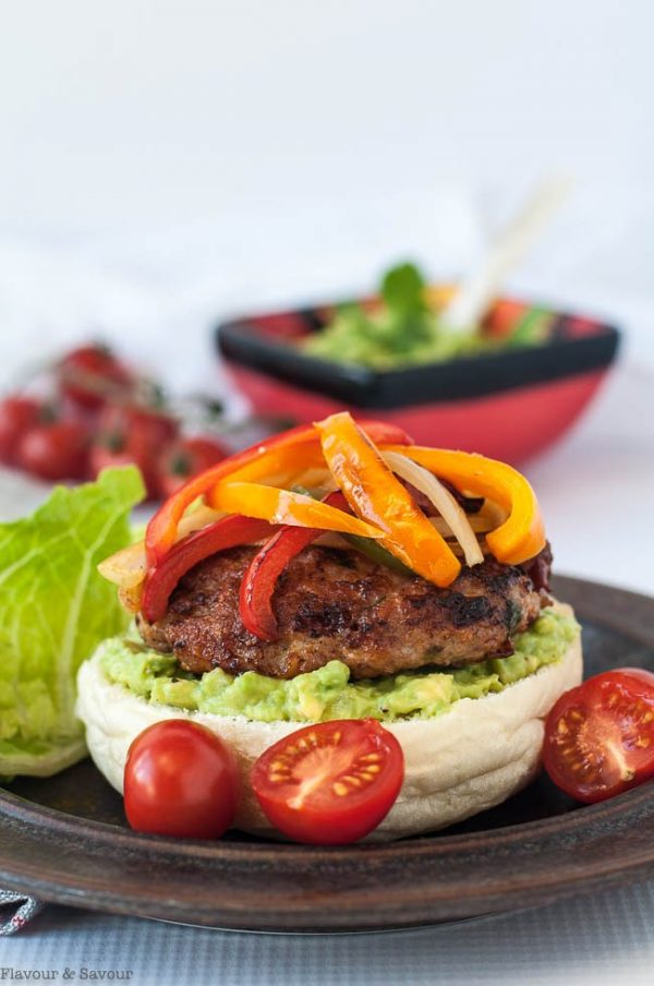 Chicken fajita burgers topped with bell peppers