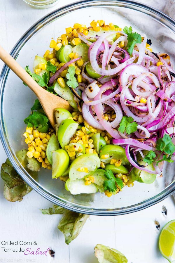 Grilled corn salad in glass bowl