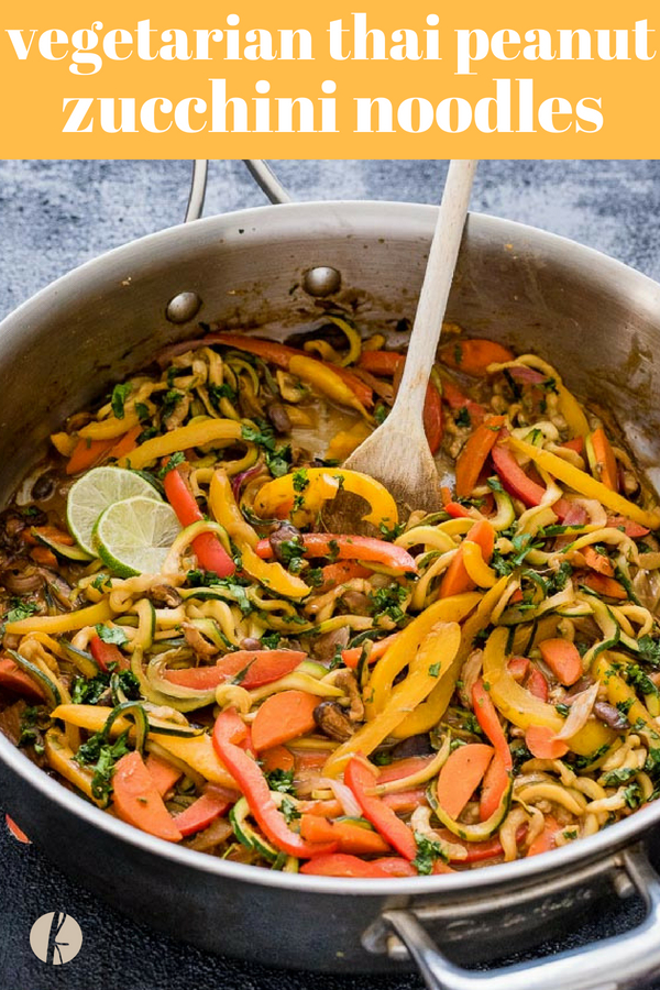 Vegetarian Thai Peanut Zucchini Noodles are an easy low carb meal packed with zoodles and veggies in a delicious Thai peanut sauce!