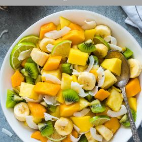 Tropical Fruit Salad with Coconut and Lime is a delicious blend of tropical fruit tossed with fresh lime juice and coconut flakes with no added sugar!
