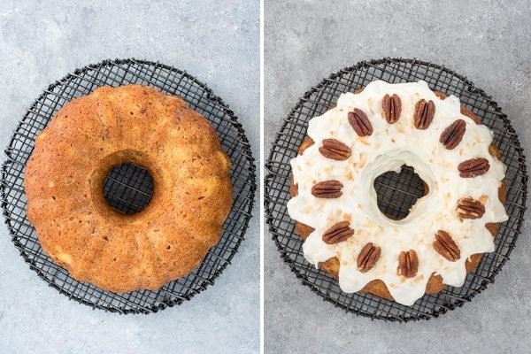 Hummingbird bundt cake before and after frosting