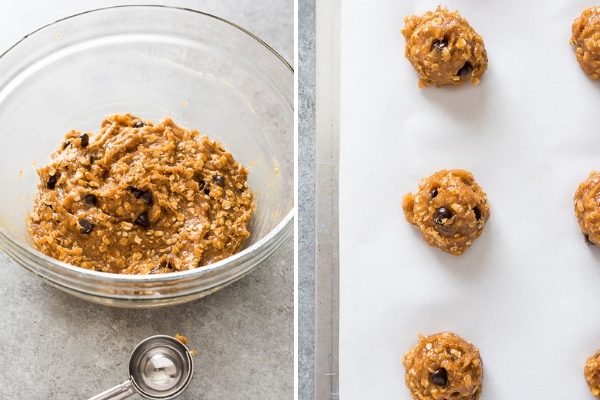 How to make flourless peanut butter chocolate chip oatmeal cookies collage