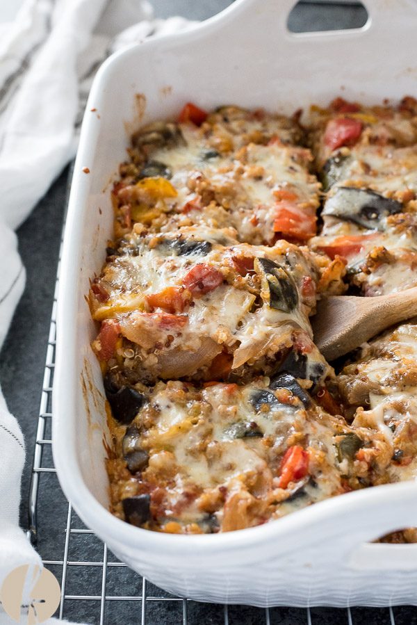 front shot of serving of ratatouille casserole in baking dish