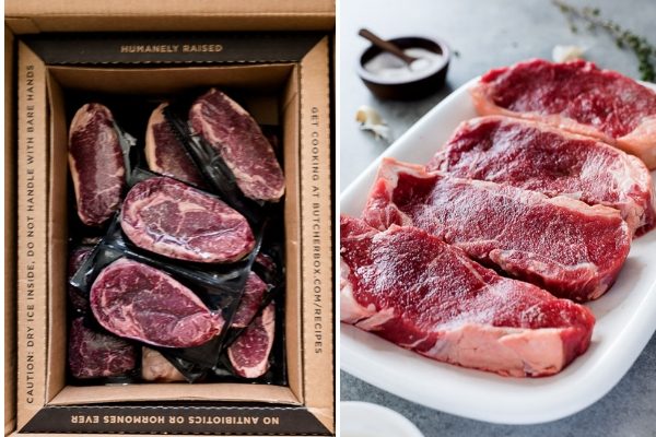 Butcher box strip steaks in box and out
