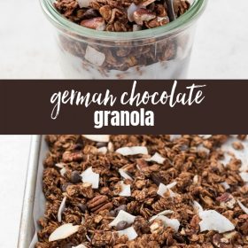 German Chocolate Granola is crunchy, big cluster chocolate granola with coconut and pecans.  It's like german chocolate cake in a bowl! (GF, V)