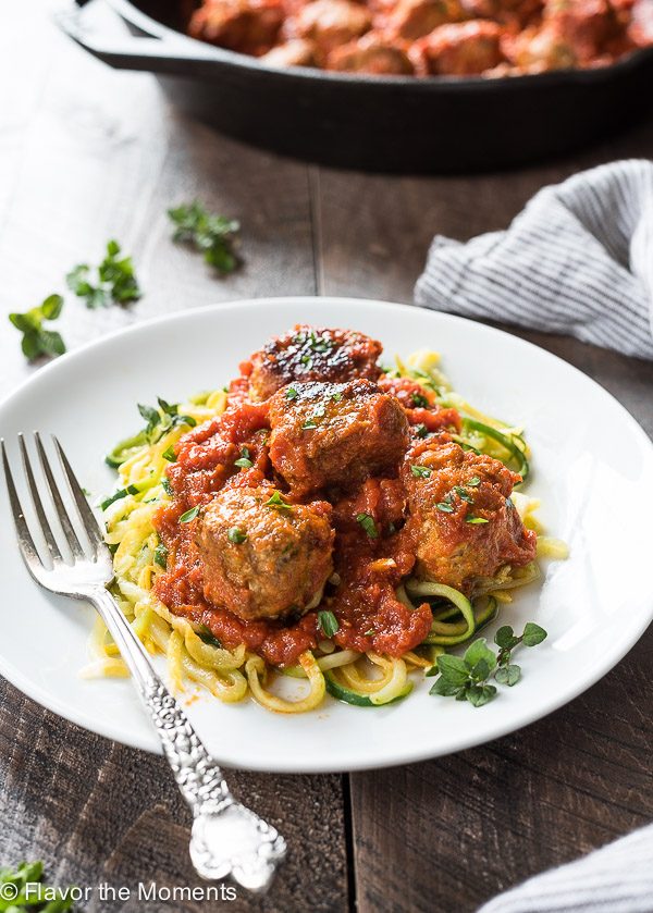 Plate of zoodles with paleo turkey meatballs