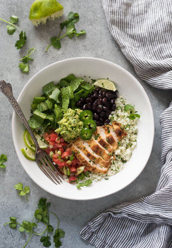 Chicken Burrito Bowls with Cilantro Lime Cauliflower Rice - Flavor the ...