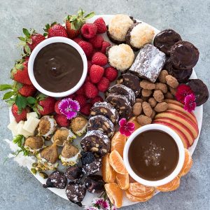 Dessert charcuterie board with chocolate covered figs