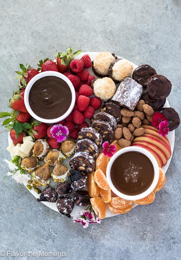 overhead view of chocolate board with chocolate covered figs