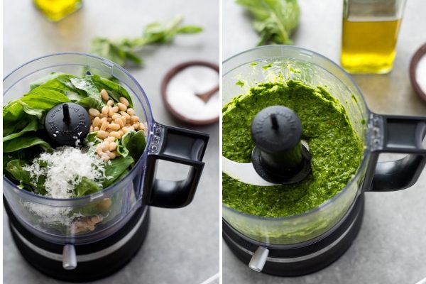 a photo collage showing how to make pesto sauce from scratch 