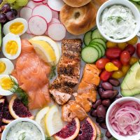 Close up of smoked salmon on brunch board