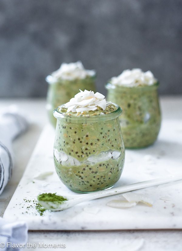 matcha overnight oats in a jar with coconut on top