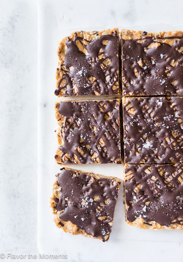 overhead shot of no bake peanut butter oatmeal bars sliced into squares