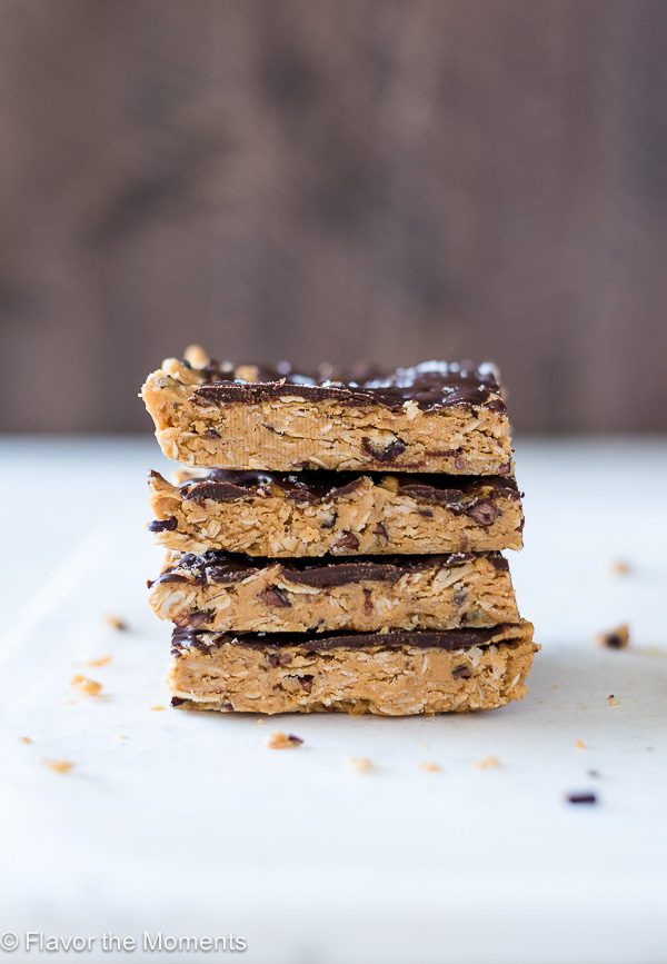 close up front view of no bake peanut butter oatmeal bars stacked up