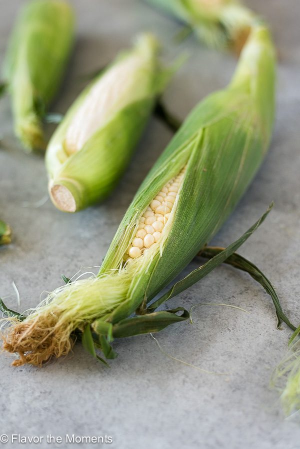 Ear of corn with husk and silk opened slightly