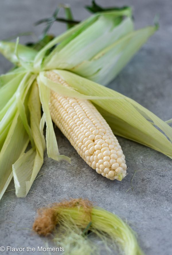 close up of partially shucked corn