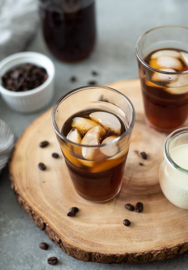 overhead shot of cold brew coffee recipe in glass with ice