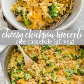 cheesy chickpea broccoli rice casserole collage