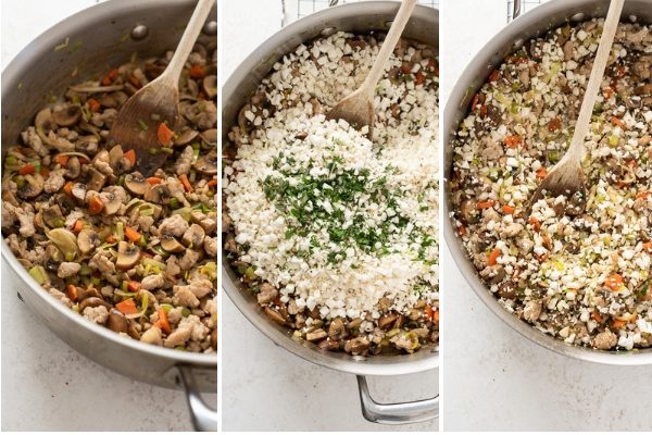 low carb riced cauliflower stuffing process collage