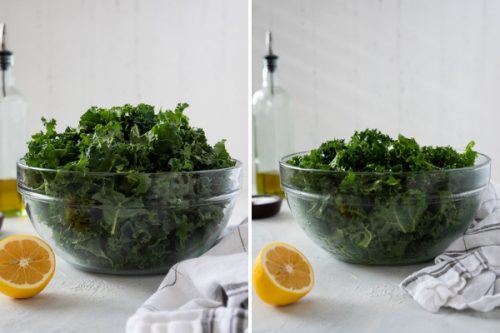 Kale before and after massaging -- front shot in bowl