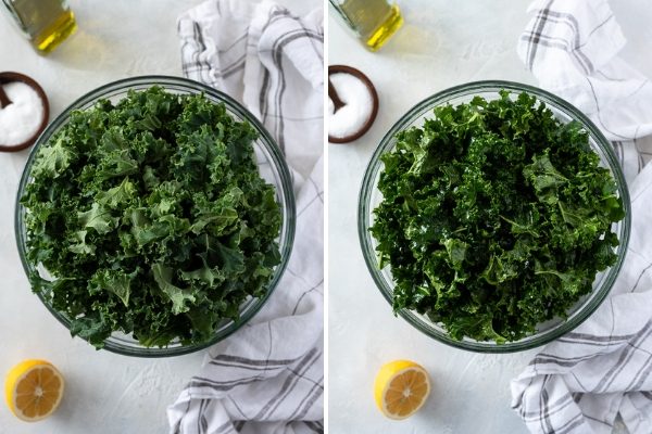 overhead shot of kale in bowl before and after massaging