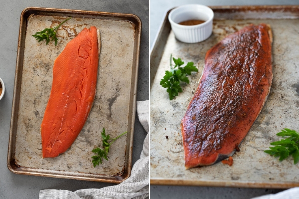 broiled salmon before cooking, with and without salmon rub