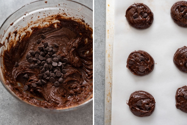 collage of chocolate peanut butter cookie batter and cookie dough on baking sheet before baking