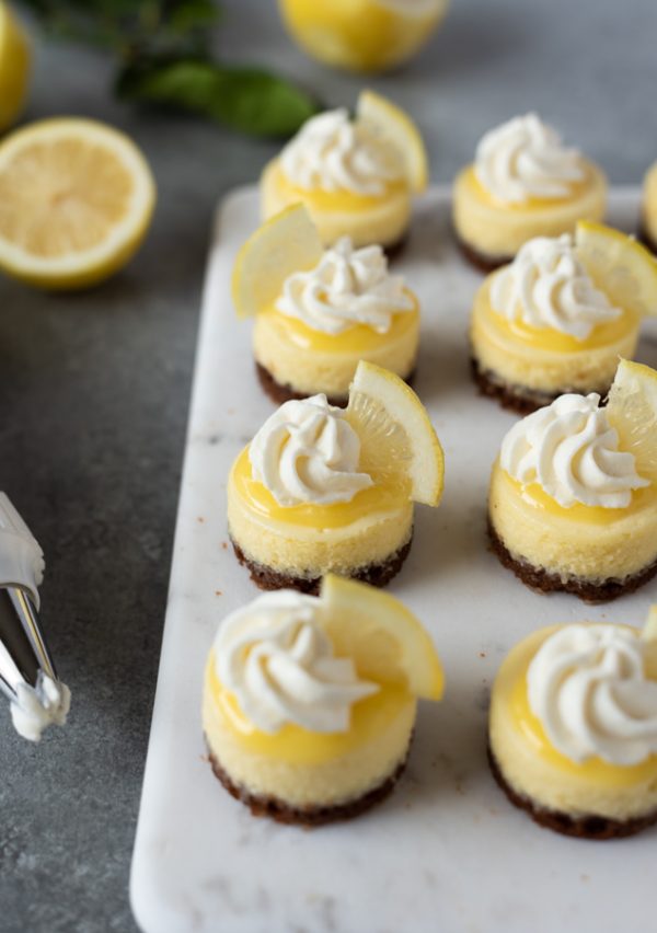 mini lemon cheesecakes on serving platter