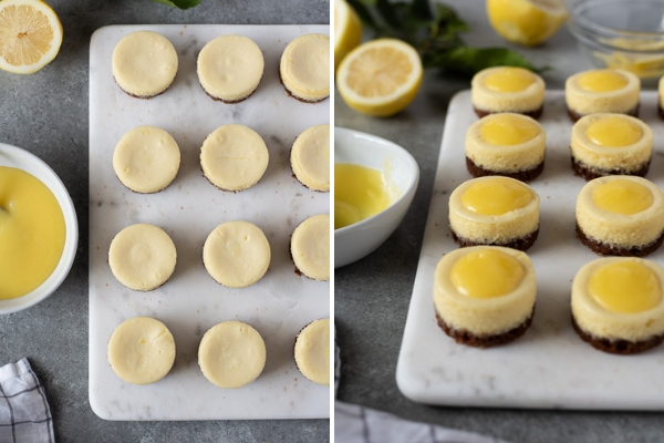 Mini lemon cheesecakes before topping with lemon curd and after