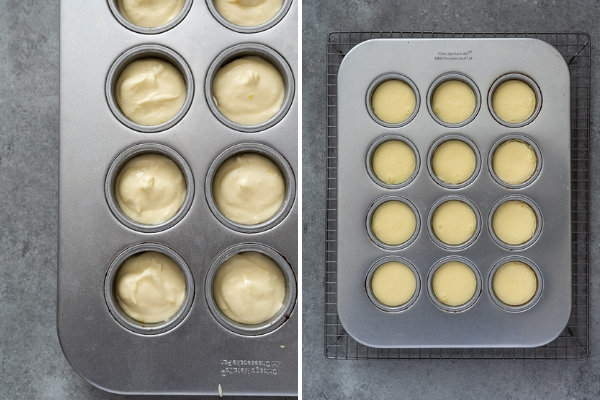 Mini lemon cheesecakes before and after baking