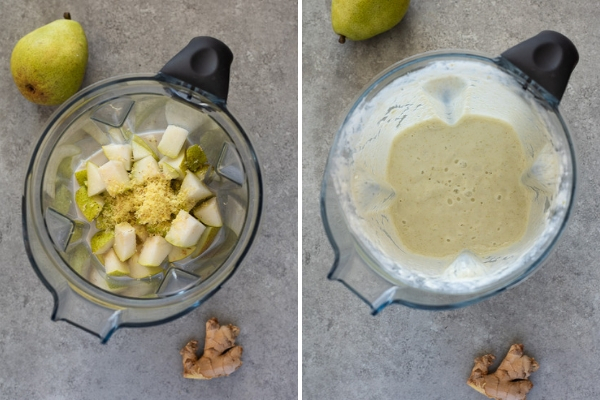 pear smoothie collage before and after blending