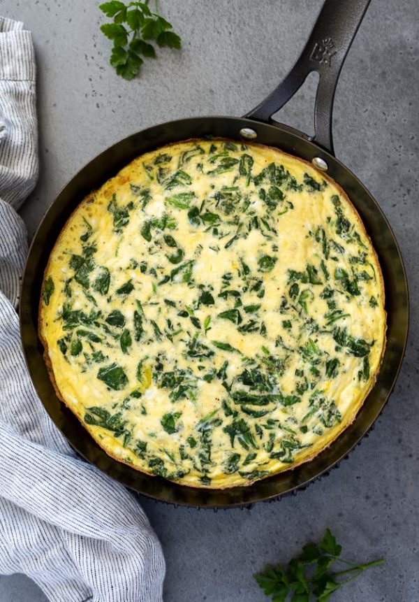 overhead shot of spinach and feta frittata fresh from the oven