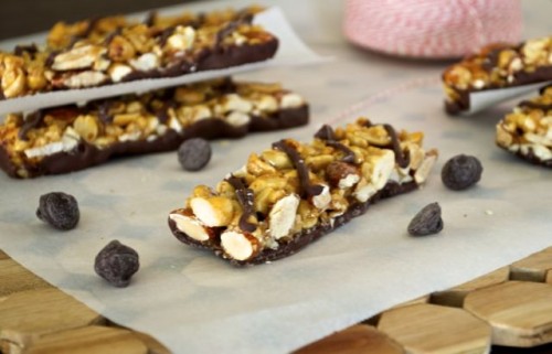 Homemade KIND bar on parchment with chocolate chips