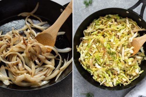 caramelized onions and sautéed cabbage collage