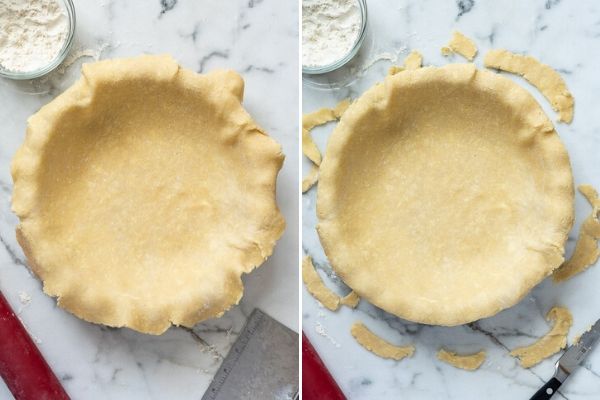 pie dough in pan before and after trimming
