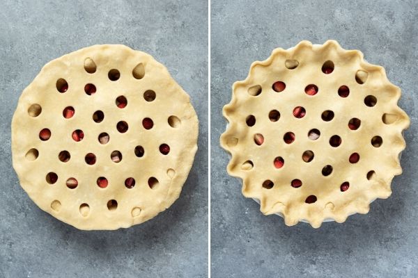 Top crust of strawberry rhubarb pie before and after crimping