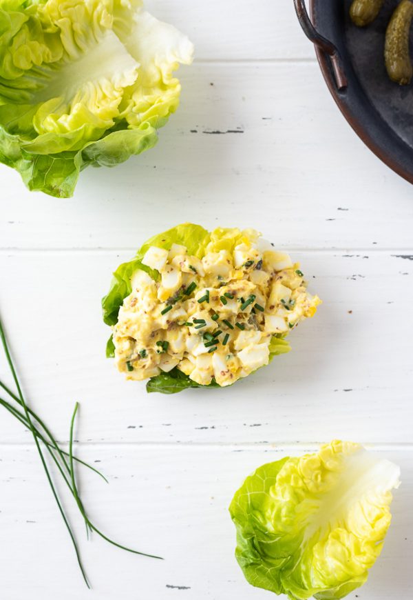 overhead of egg salad lettuce wrap