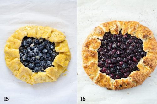 Blueberry galette with egg wash before and after baking