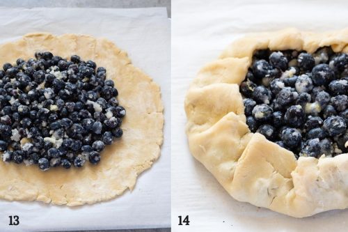 Blueberry galette before and after crust is folded over