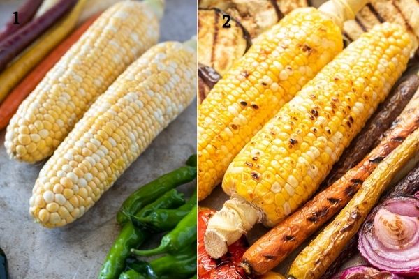 Collage showing corn before and after grilling