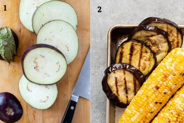 Collage of grilled eggplant before and after grilling
