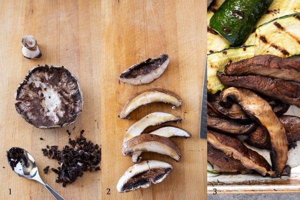 Collage of grilled portobello mushrooms before and after grilling